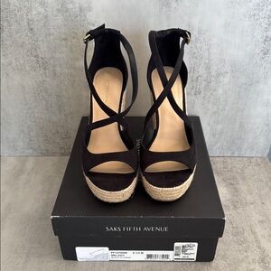 Saks Fifth Avenue Black Suede Wedge Sandals with espadrile Platform